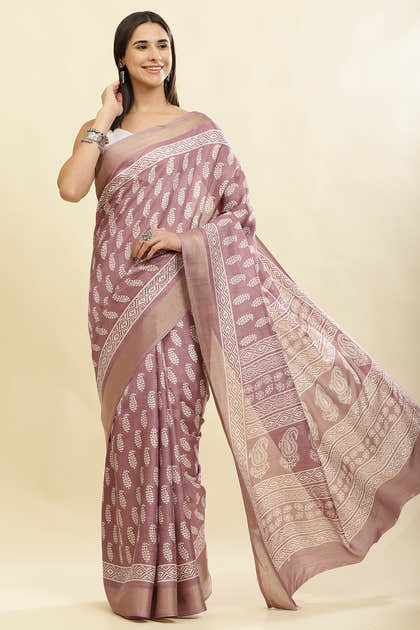 Mauve Cotton Silk Boota Printed And Zari Woven Saree