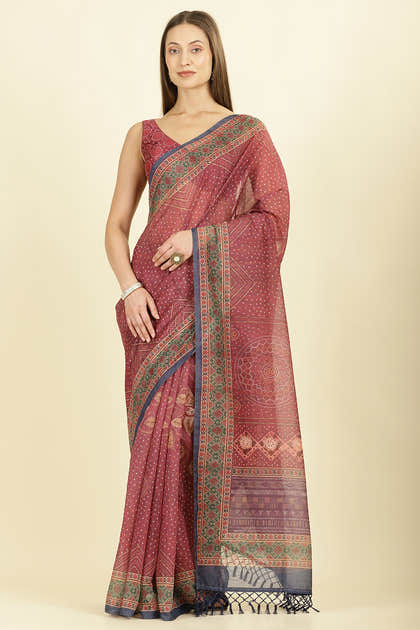 Maroon Organza Cotton Bandhani Block Printed Saree