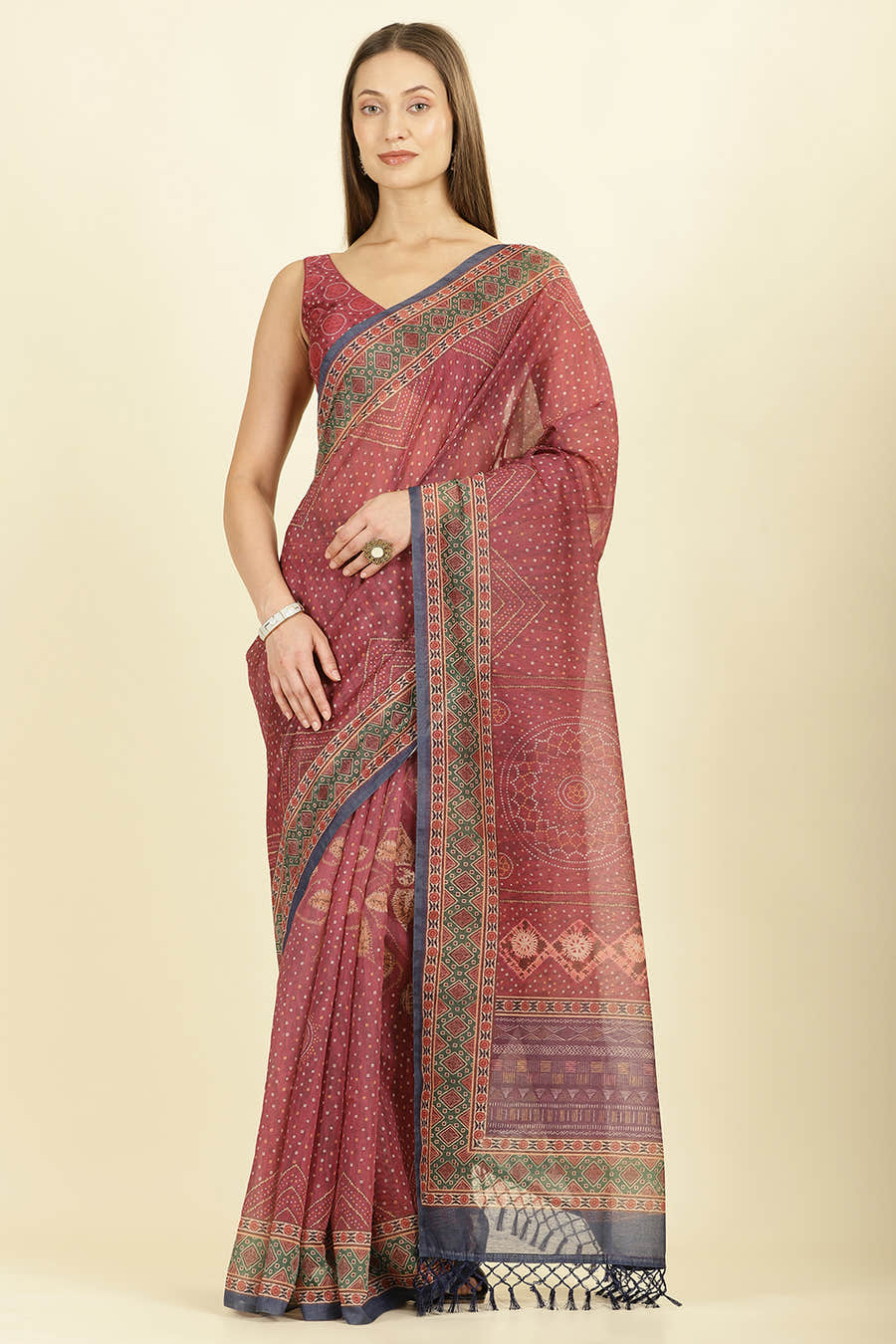 Maroon Organza Cotton Bandhani Block Printed Saree