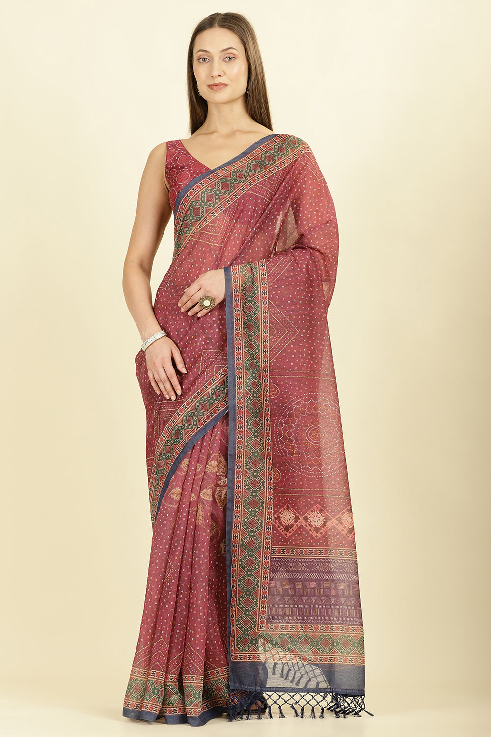 Maroon Organza Cotton Bandhani Block Printed Saree