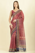Maroon Organza Cotton Bandhani Block Printed Saree