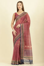 Maroon Organza Cotton Bandhani Block Printed Saree