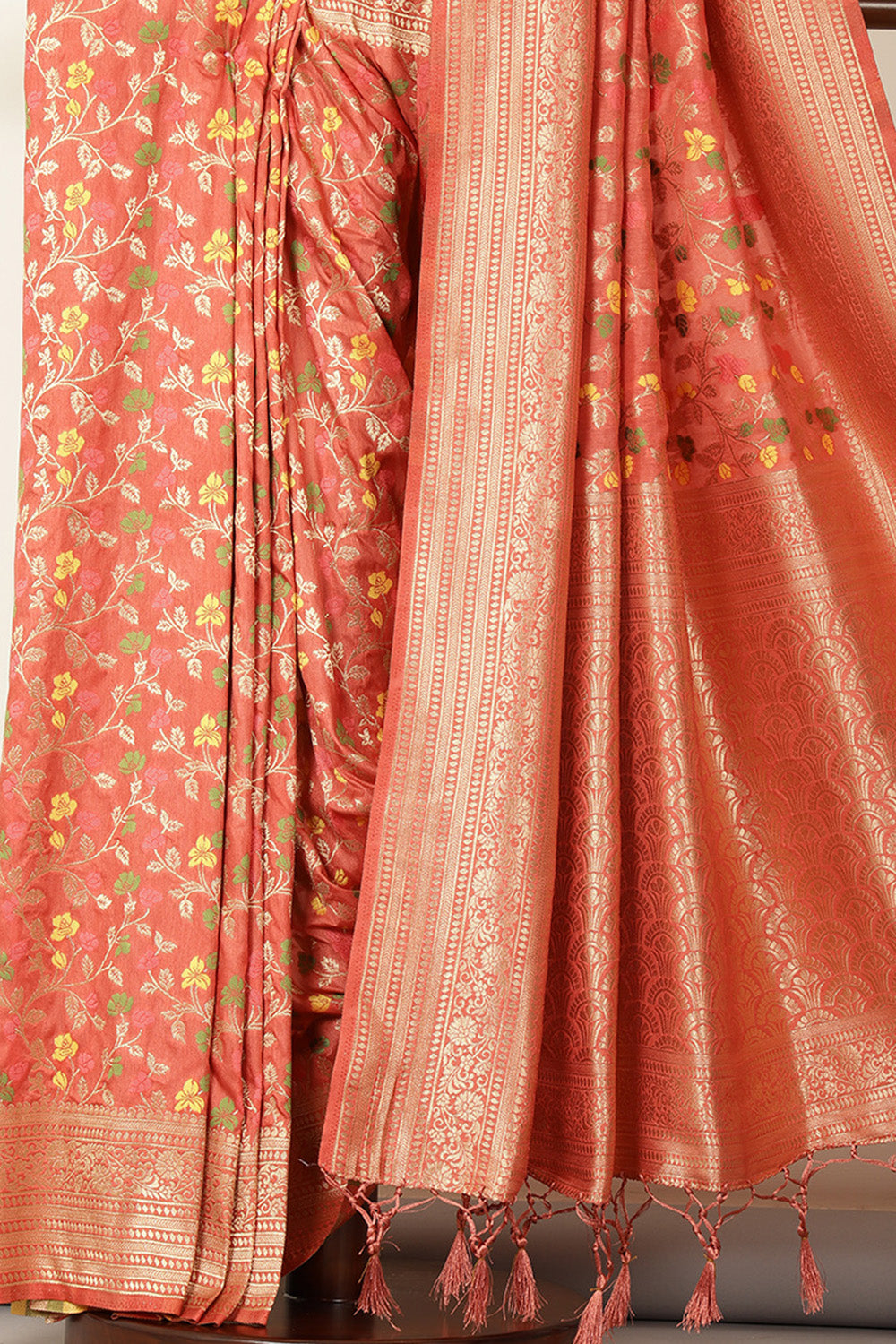 Peach Silk Zari & Resham Woven Saree