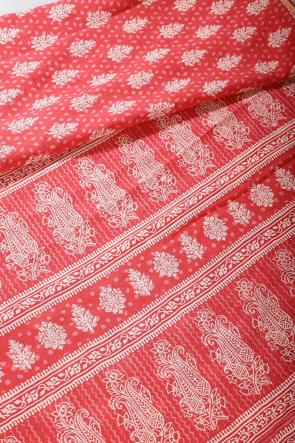 Red Color Cotton Hand-Block Style Printed Saree