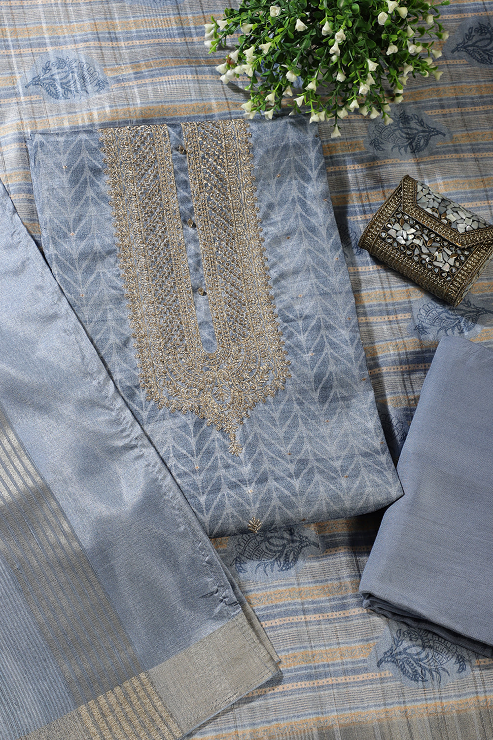 Blue Tussar Silk Neck Zari Embroidered & Printed Unstitched Suit Fabric