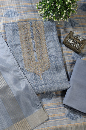 Blue Tussar Silk Neck Zari Embroidered & Printed Unstitched Suit Fabric
