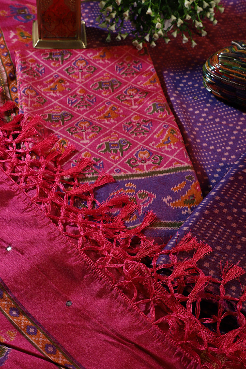 Fuchsia Crepe Silk Woven Embroidered Unstitched Suit Fabric