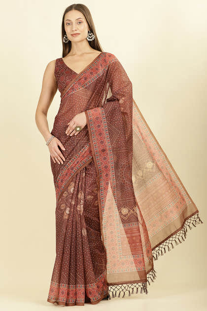 Brown Organza Cotton Bandhani Block Printed Saree