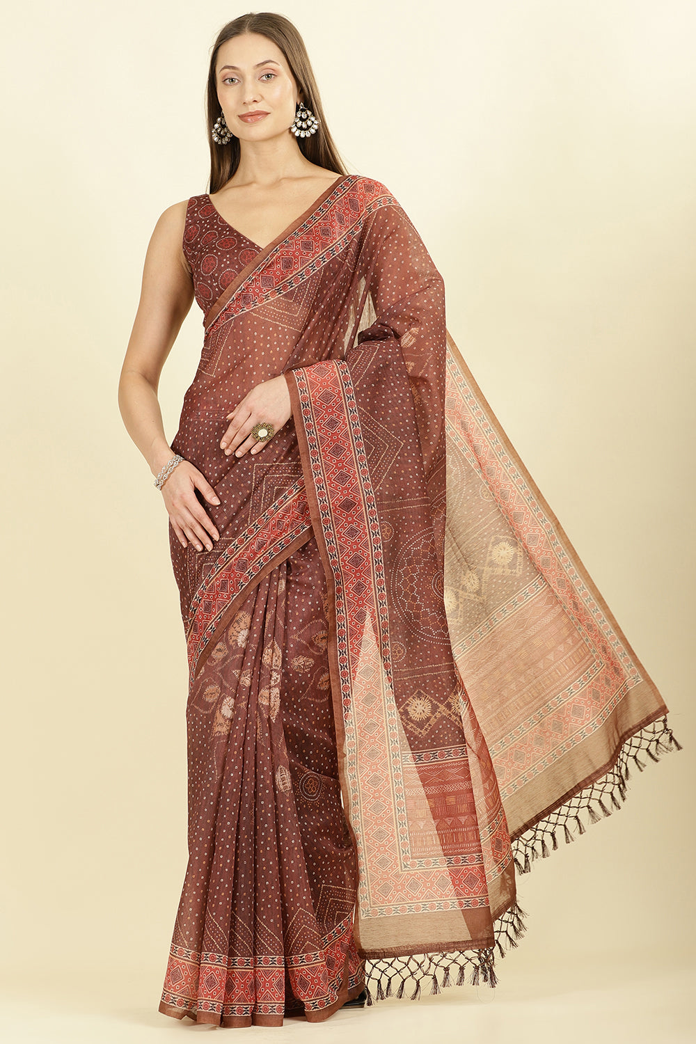 Brown Organza Cotton Bandhani Block Printed Saree