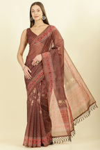 Brown Organza Cotton Bandhani Block Printed Saree