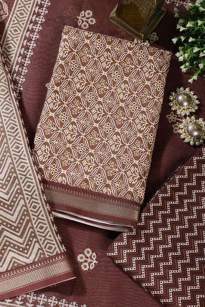 Brown Cotton Ajrakh Block Print Unstitched Suit Material