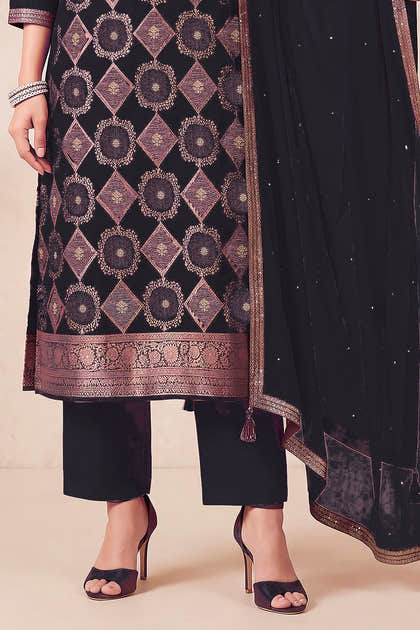 Black Zari Woven Silk Unstitched Suit Fabric