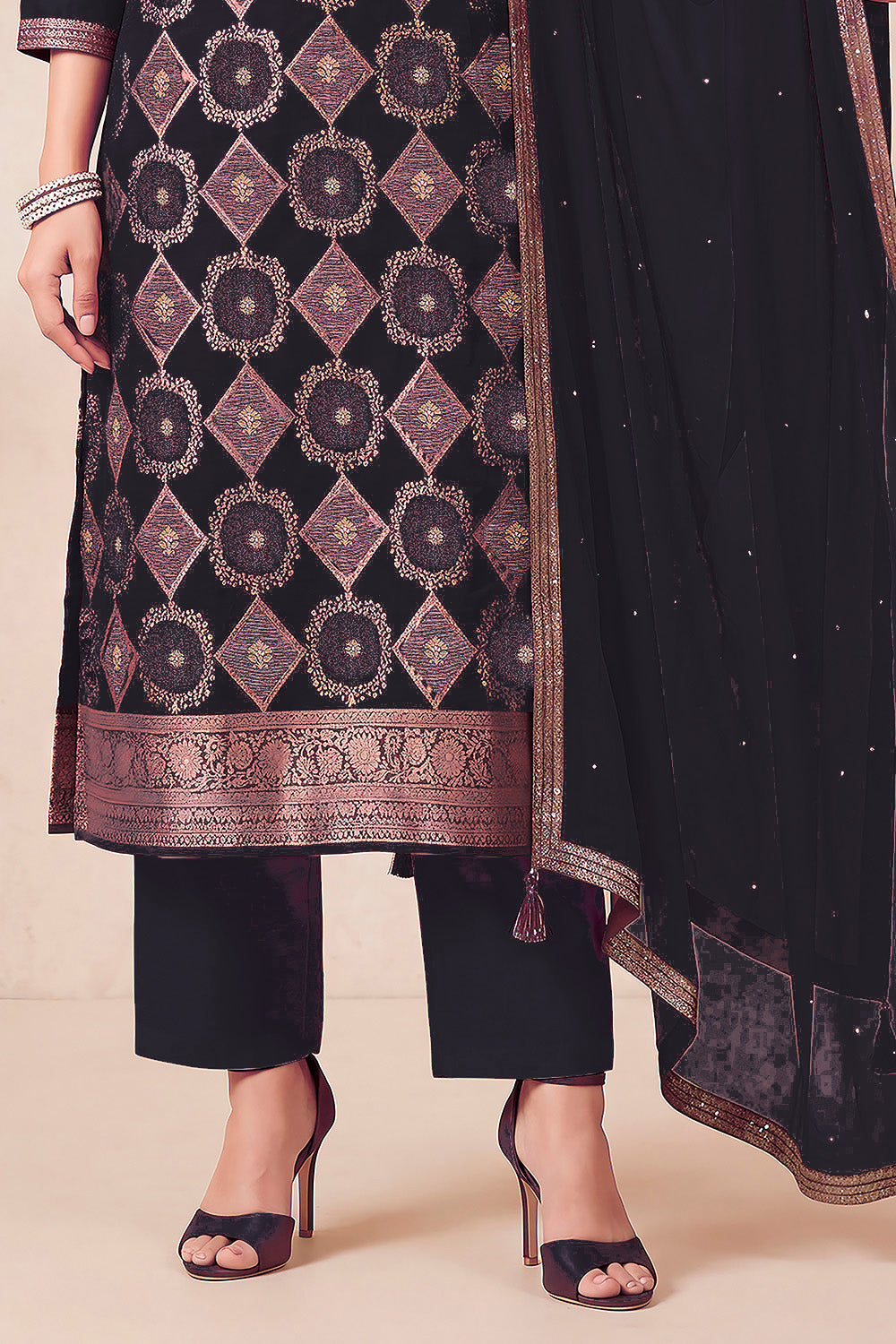 Black Zari Woven Silk Unstitched Suit Fabric