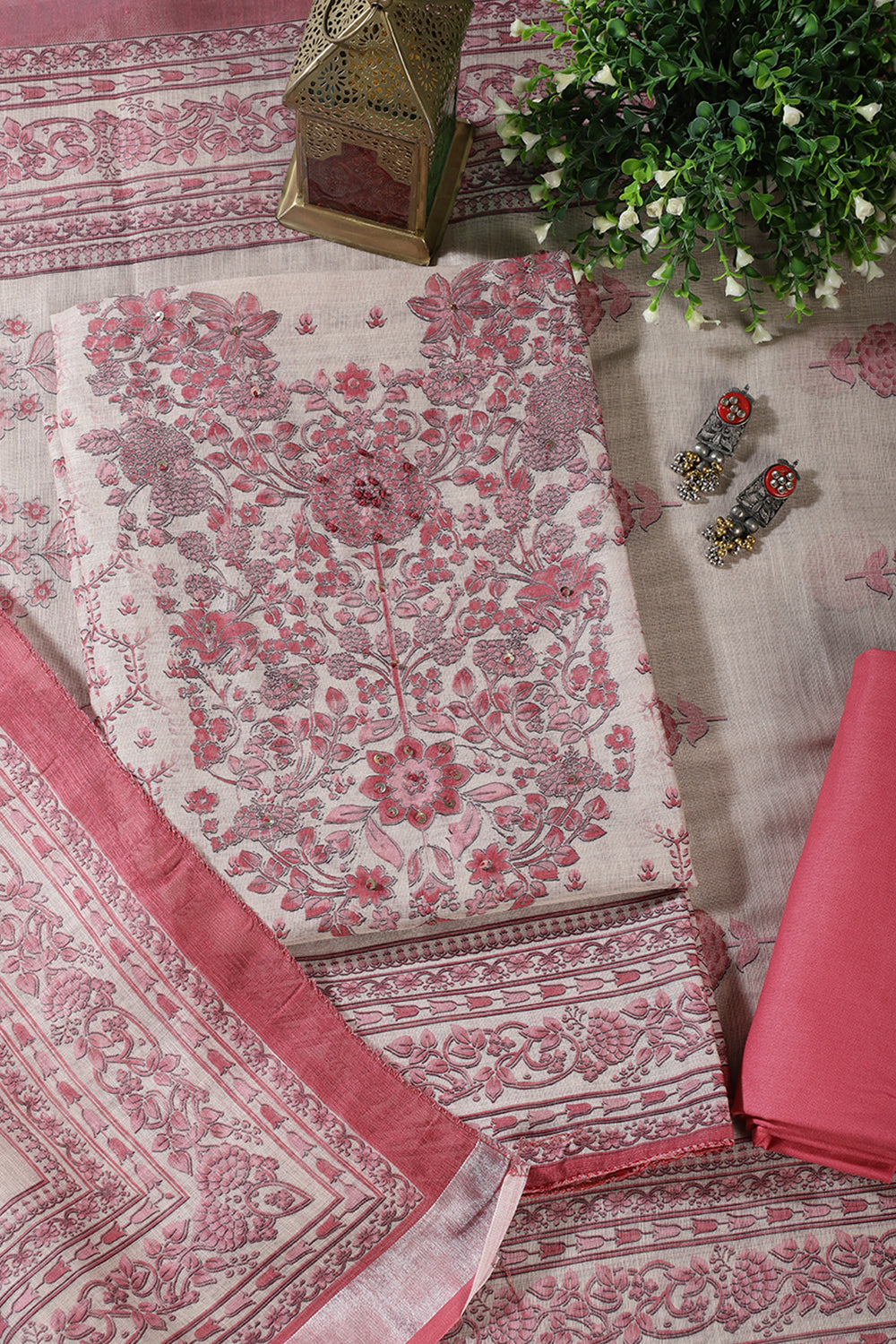 Beige & Pink Floral Printed Unstitched Suit Fabric