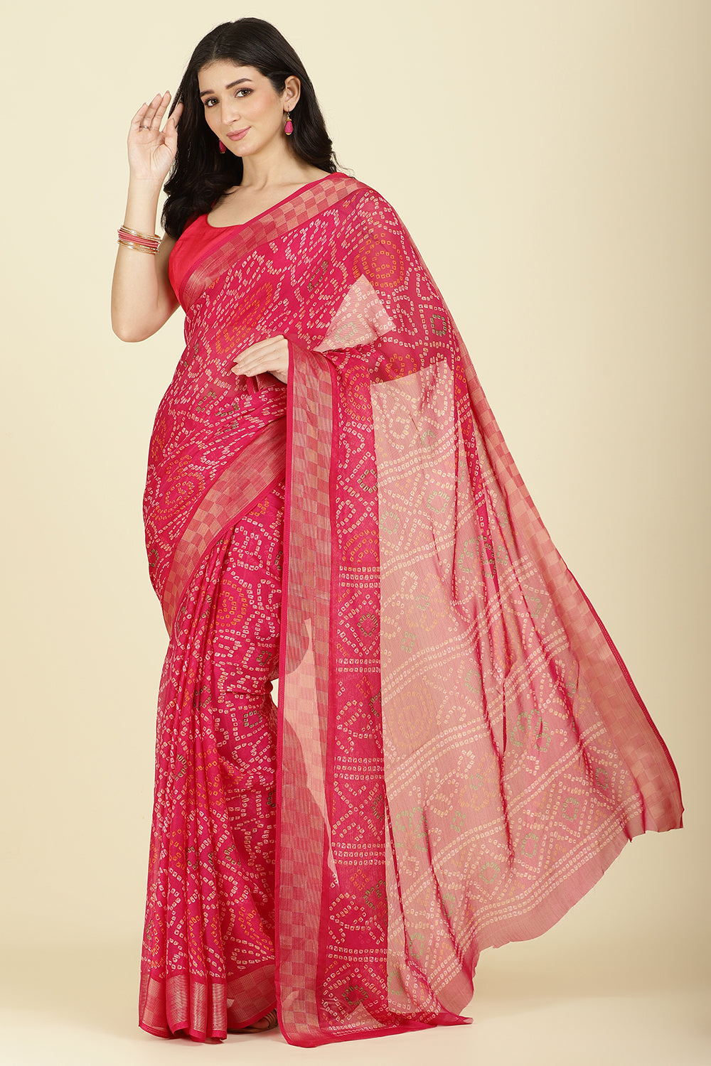 Magenta Pink Color Chiffon Bandhani Printed Saree