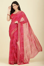 Magenta Pink Color Chiffon Bandhani Printed Saree