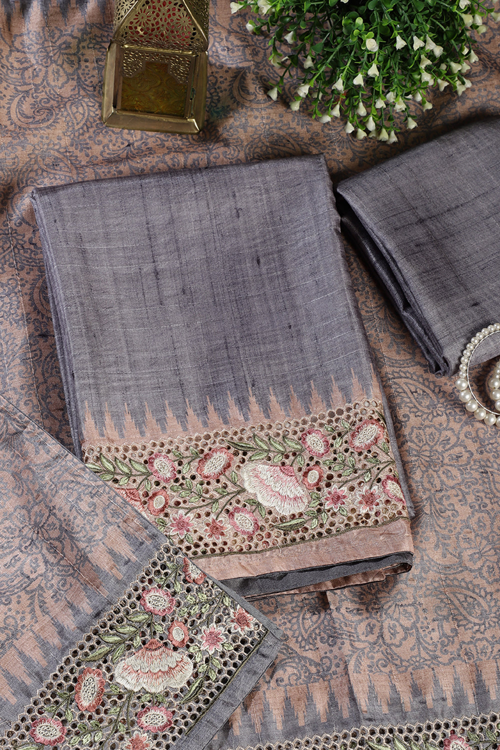 Grey Tussar Cotton Floral Lace Work Unstiched Suit Material