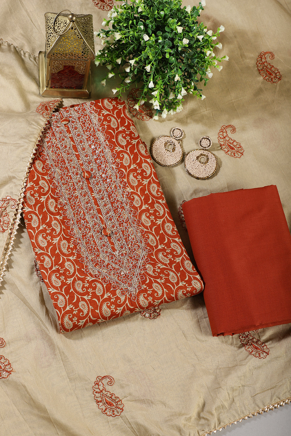 Burnt Orange Cotton Digital Buta-Printed & Neck Embroidered Unstitched Suit