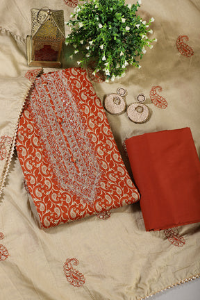 Burnt Orange Cotton Digital Buta-Printed & Neck Embroidered Unstitched Suit