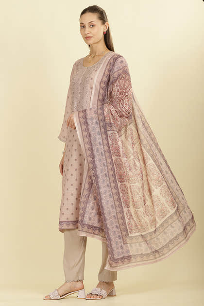 Beige Cotton Floral Printed And Neck-EmborideredUnstitched Suit Material