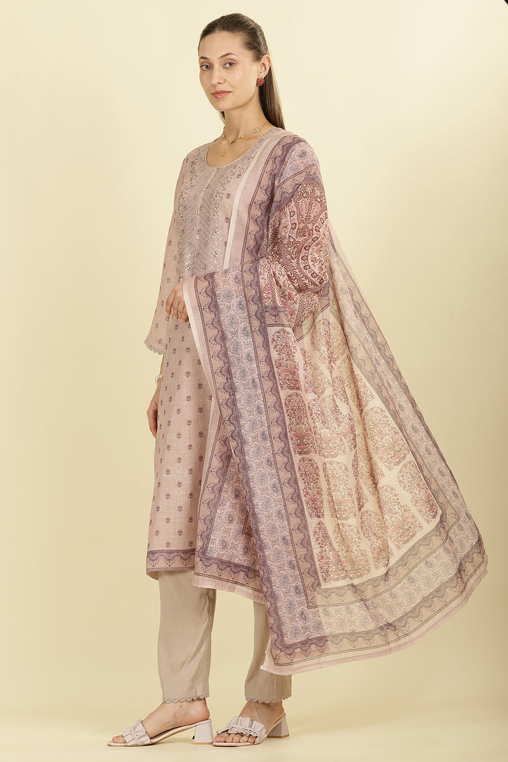Beige Cotton Floral Printed And Neck-EmborideredUnstitched Suit Material