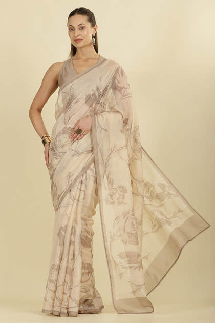 Beige Floral Zari Taar Embroidered Kota Cotton Saree