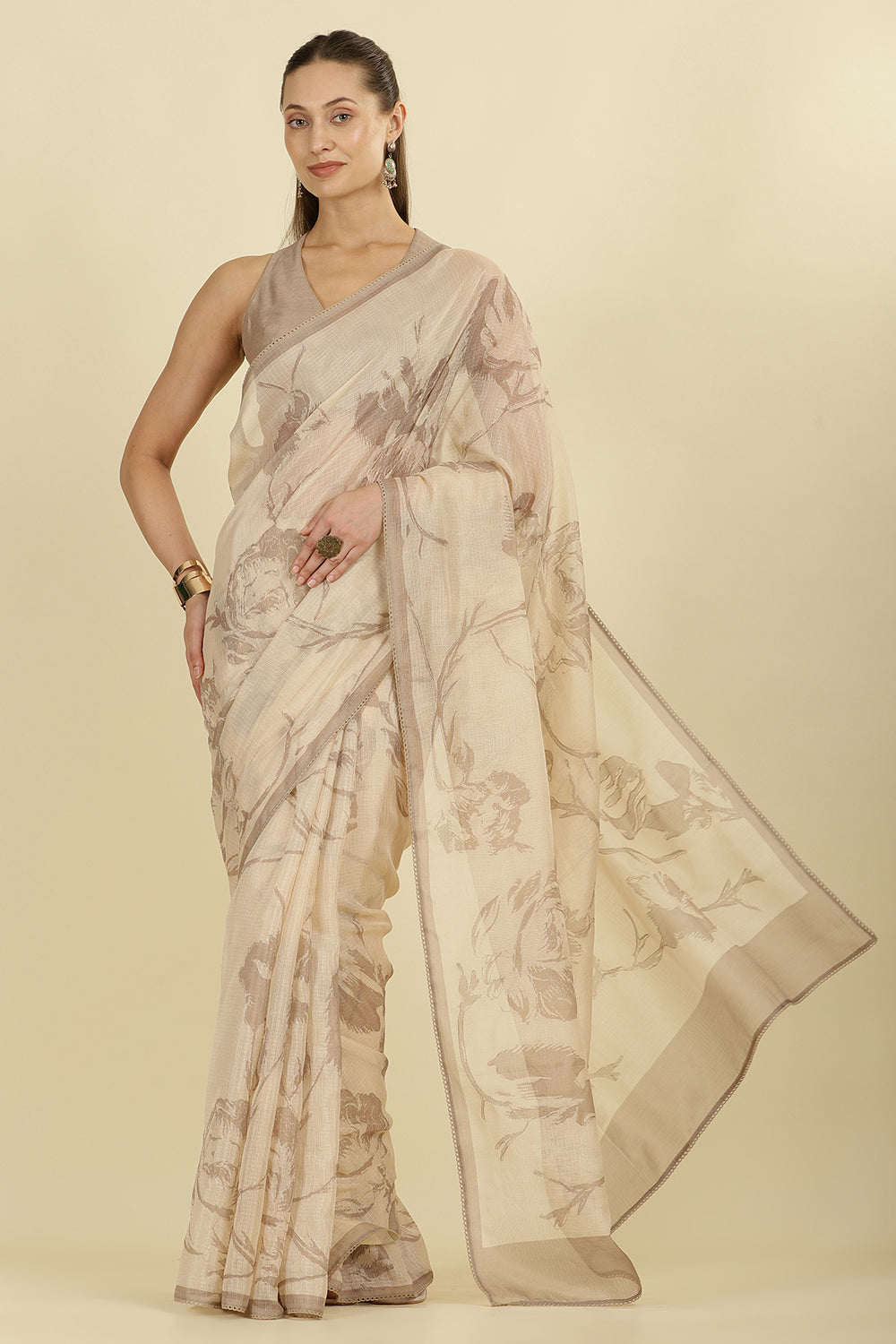 Beige Floral Zari Taar Embroidered Kota Cotton Saree