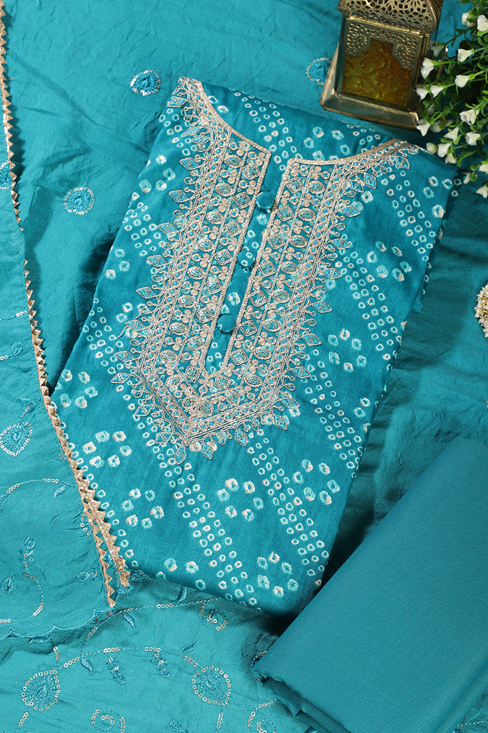 Teal Cotton Bandhani Printed & Neck Embroidered Unstitched Suit Fabric