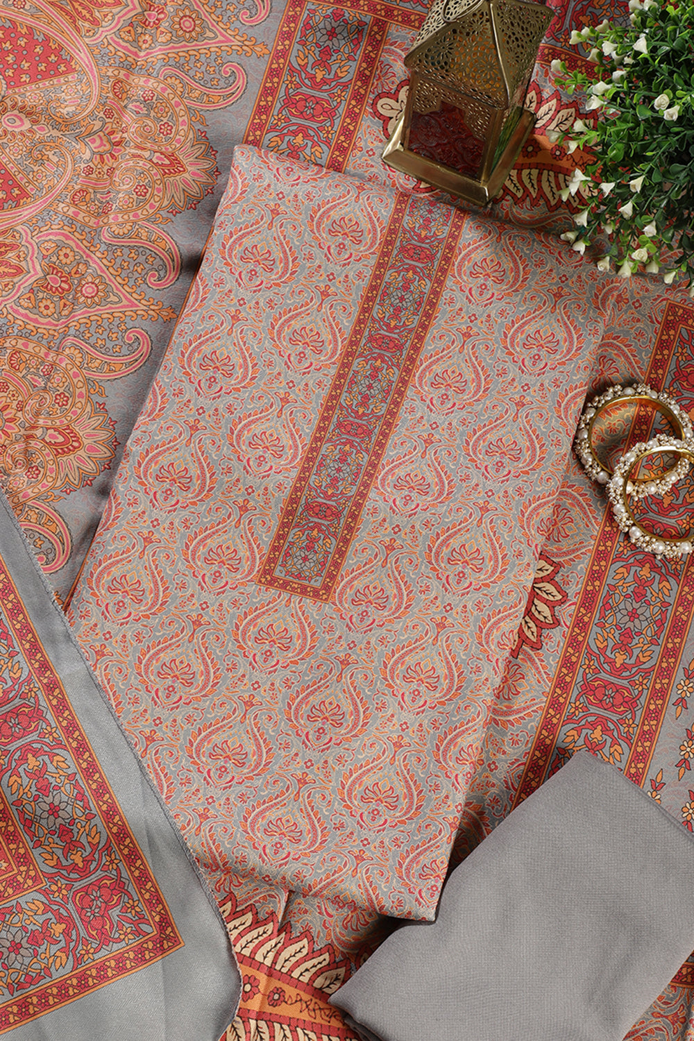Grey Pashmina Digital Printed Unstitched Suit Fabric