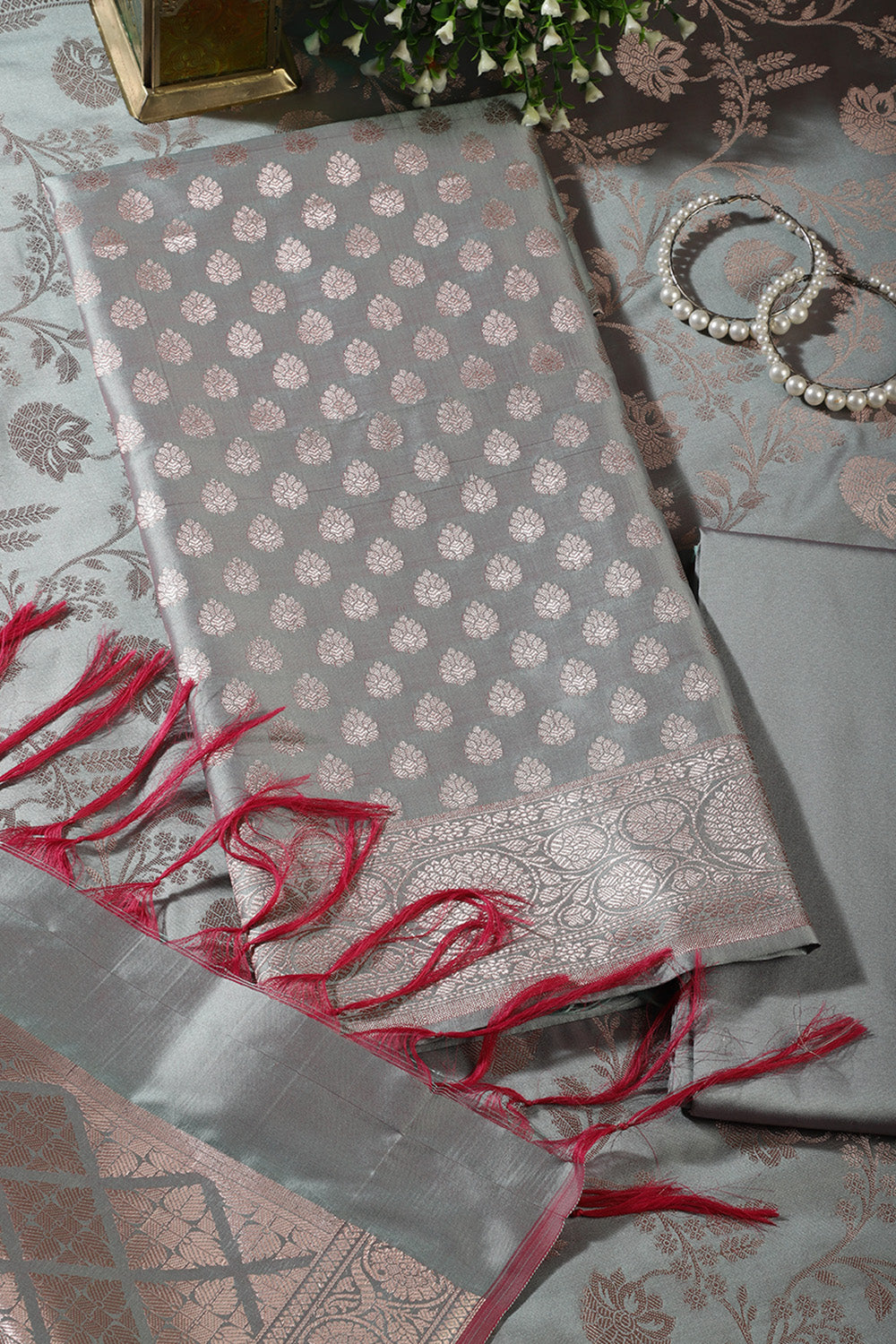 Sea Green Silk Buta Motifs Woven Unstitched Suit Fabric