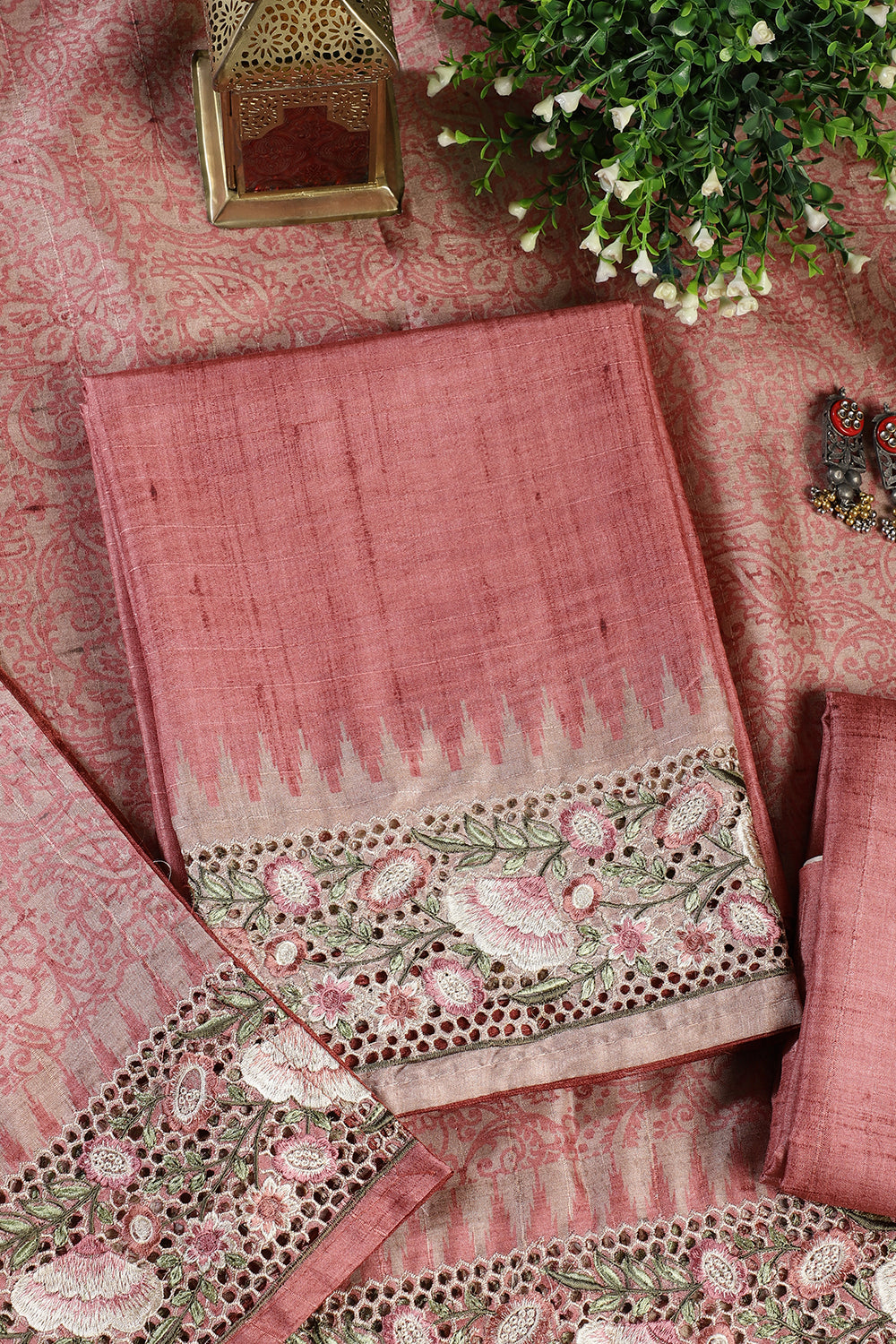 Dusty Rose Tussar Cotton Floral Lace Work Unstiched Suit Material