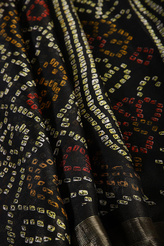 Black Color Chiffon Bandhani Printed Saree
