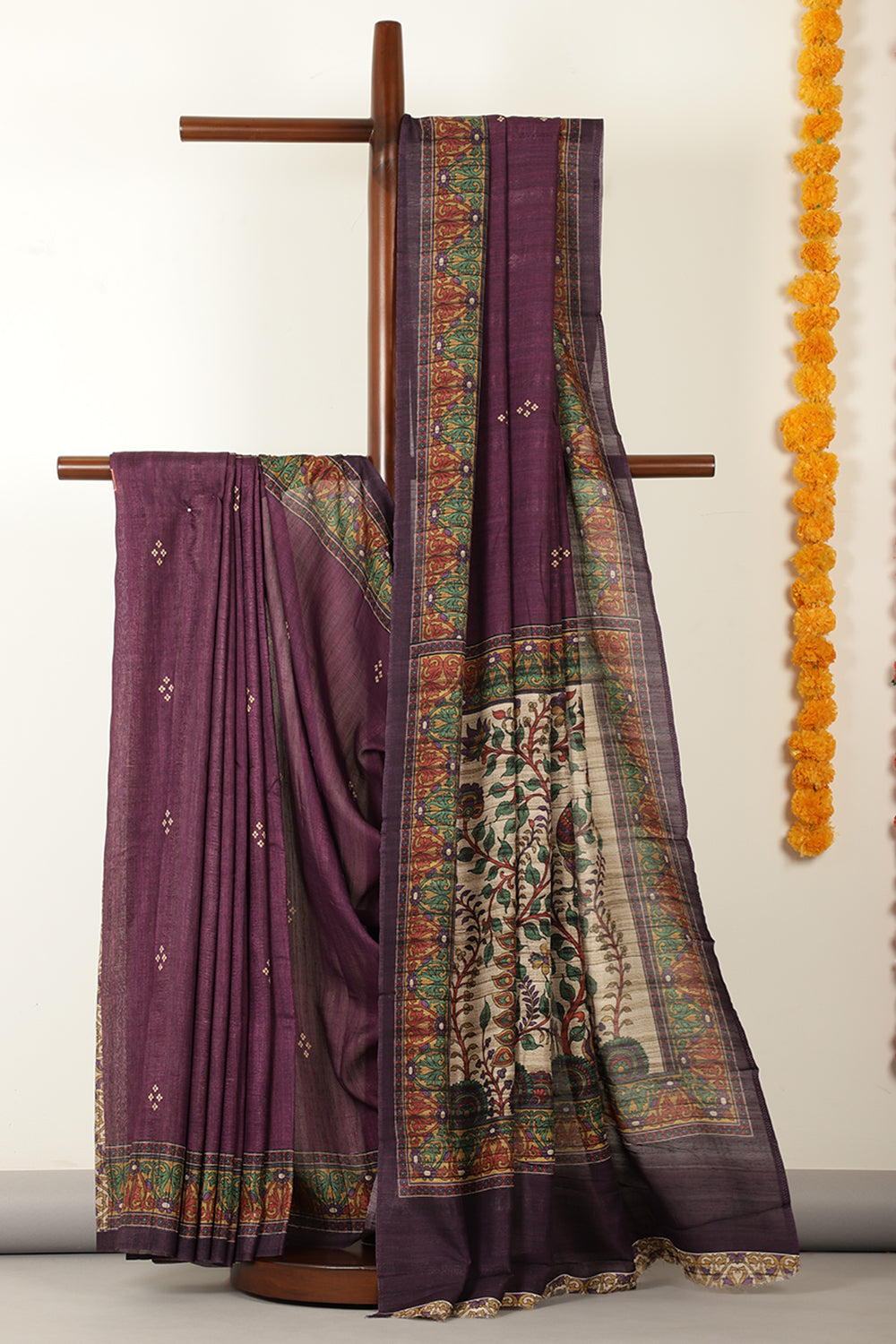 Purple Madhubani Printed Tussar Silk Saree