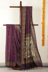 Purple Madhubani Printed Tussar Silk Saree