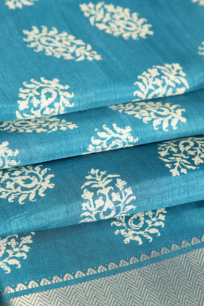 Dark Teal Color Block Printed Cotton Silk Saree