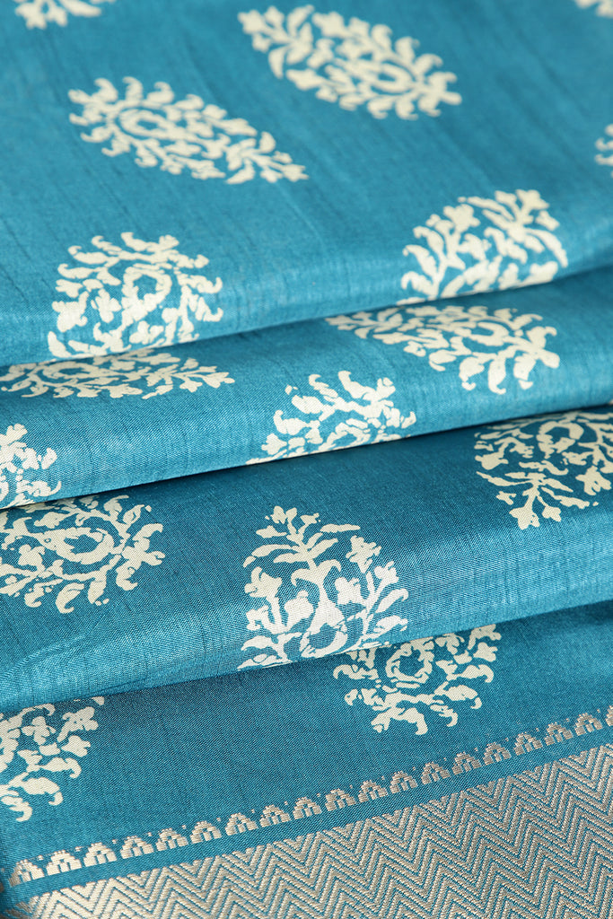 Dark Teal Color Block Printed Cotton Silk Saree