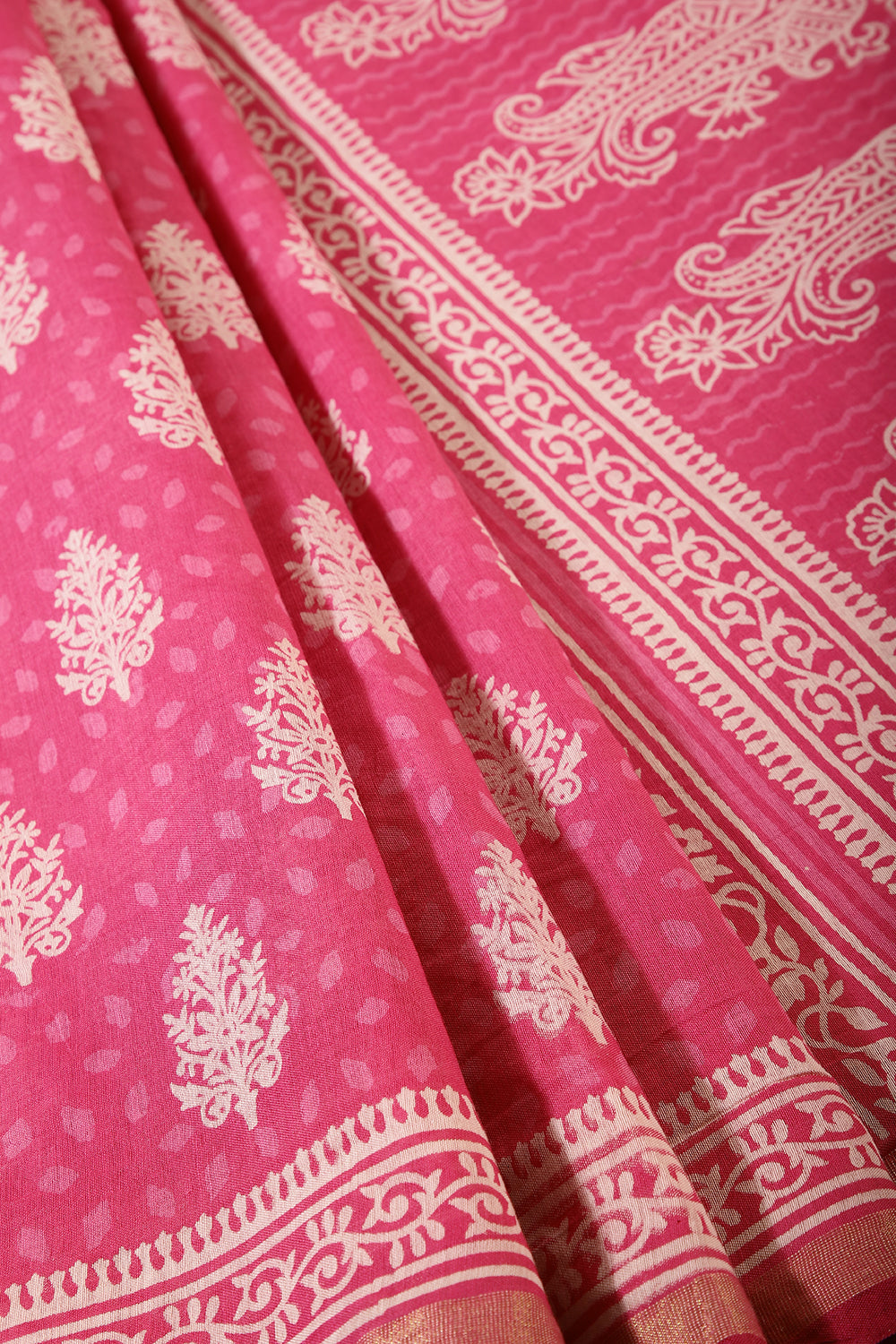 Magenta Pink Color Cotton Hand-Block Style Printed Saree