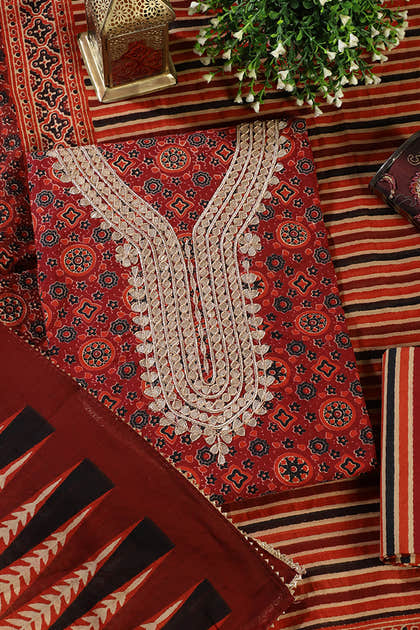 Maroon Cotton Printed & Neck Embroidered Unstitched Suit Material