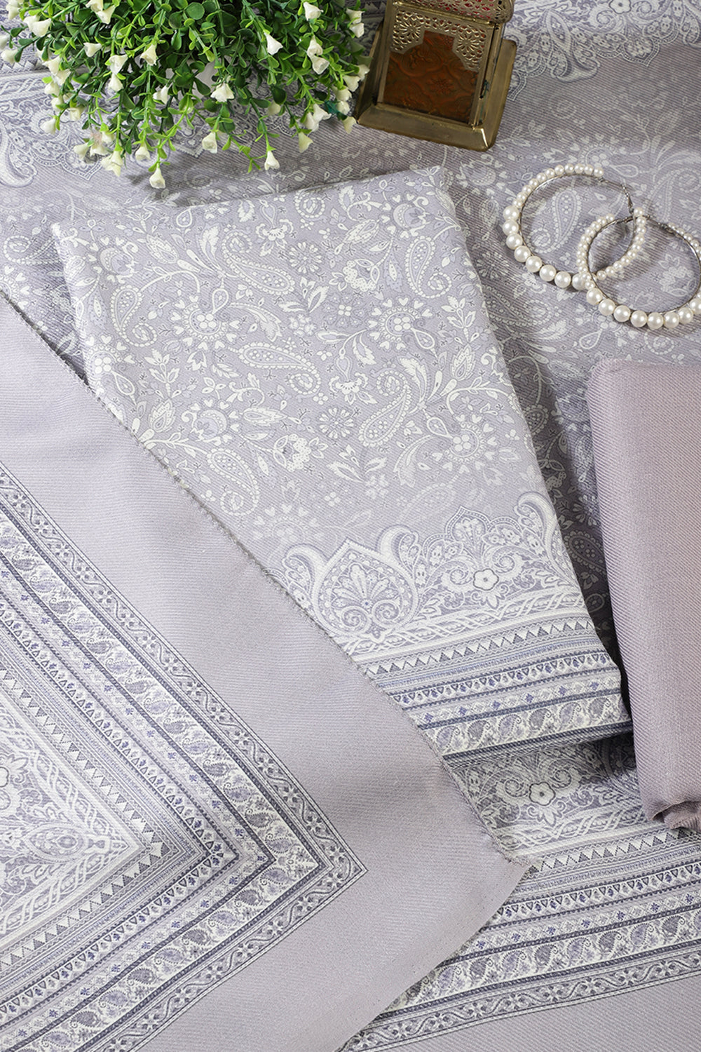 Light Lavender Digital Printed Pashmina Unstitched Suit Material