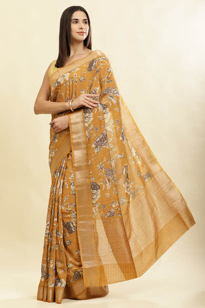 Mustard Cotton Silk Floral Printed & Zari Border Saree