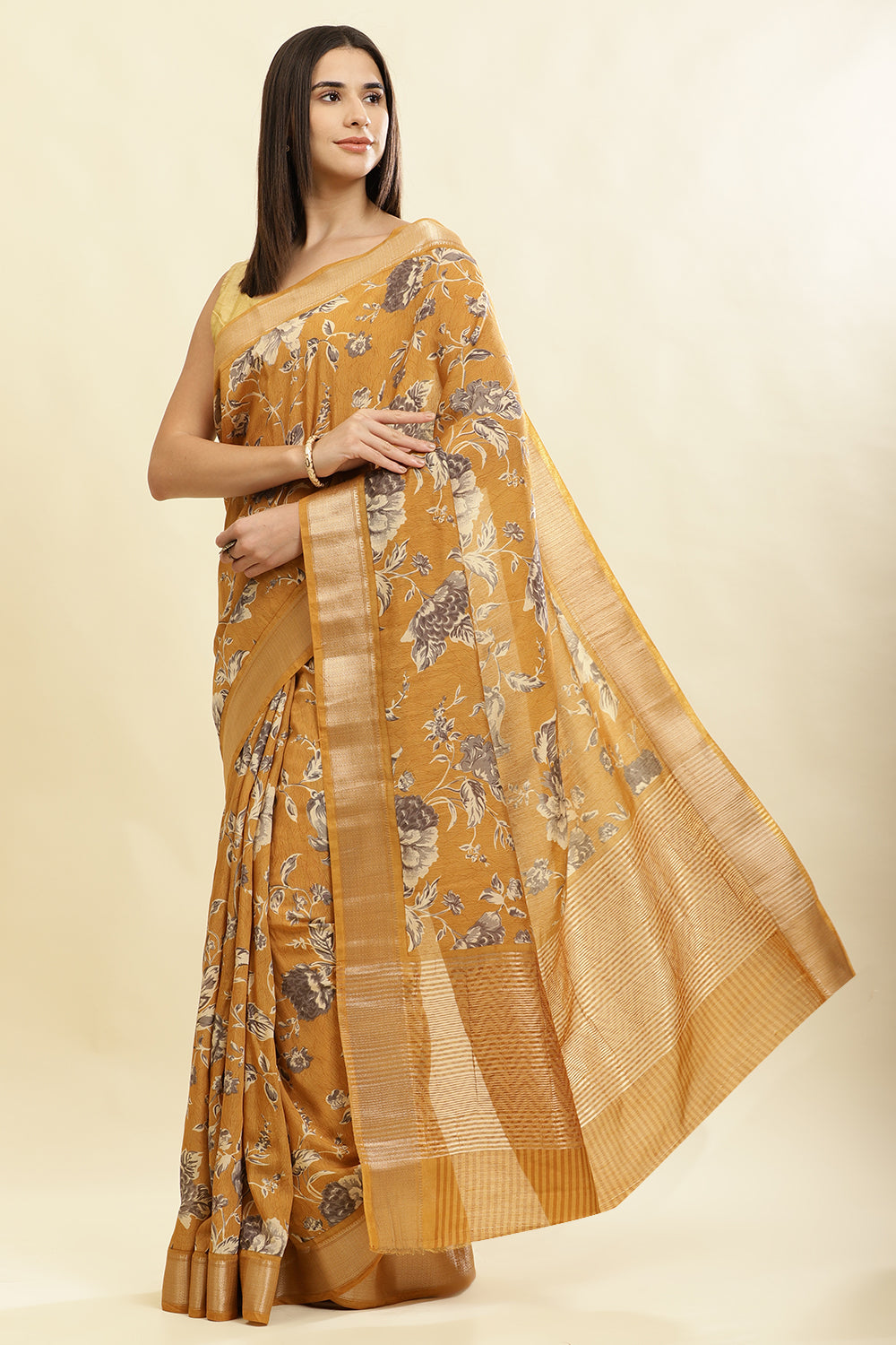 Mustard Cotton Silk Floral Printed & Zari Border Saree