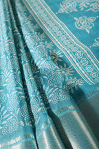 Turquoise Colour Printed & Woven Cotton Silk Saree