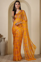 Mustard Chiffon Floral Zari Border & Floral Printed Saree