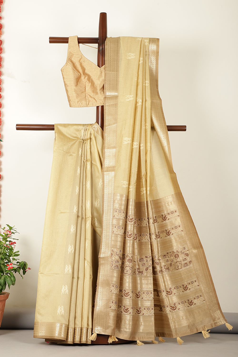 Beige Chanderi Silk Resham & Zari Woven Saree