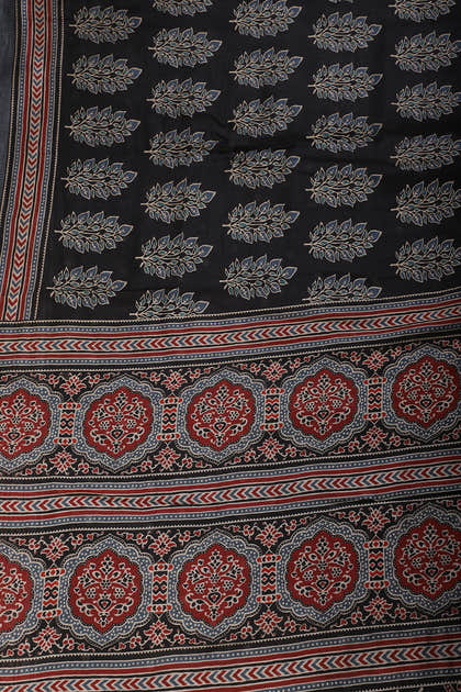 Black Cotton Silk Block Printed Saree