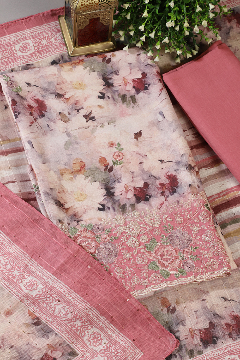 Pink Cotton Floral Printed And Hemline Embroidered Unstitched Suit