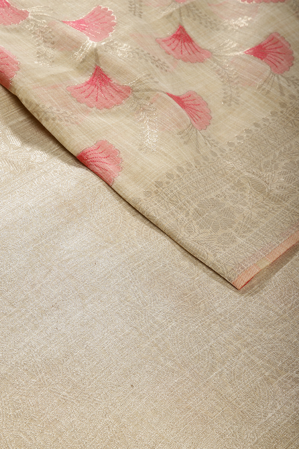 Beige & Pink Color Chanderi Cotton Zari Woven Saree