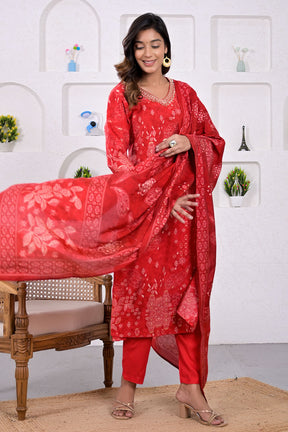 Red Color Muslin Printed & Neck Embroidered Suit