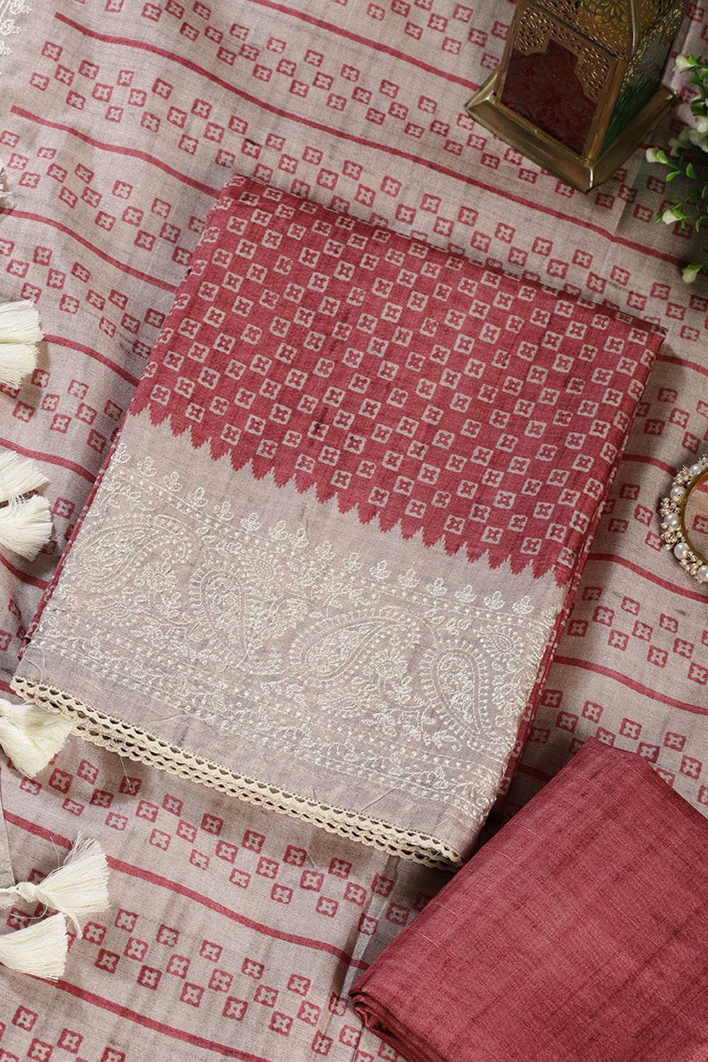 Copper Rust Tussar Cotton Printed And Reham Embroidered Unstiched Suit Material