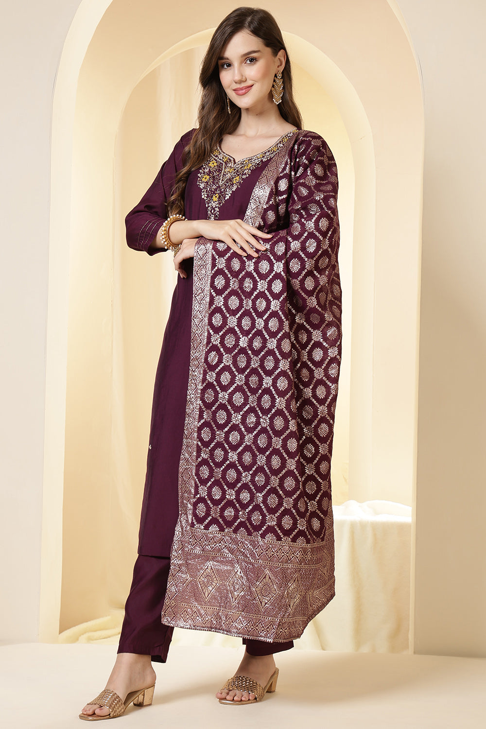 Wine Color Silk Neck Embroidered Suit Set